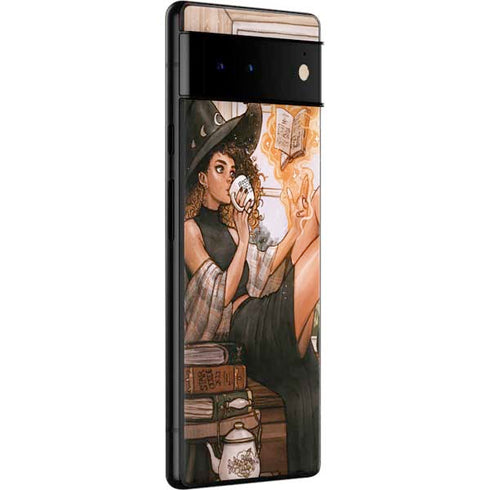 Cozy Autumn Library Witch with Cat and Coffee by Ivy Dolamore Google Pixel 6 Skin